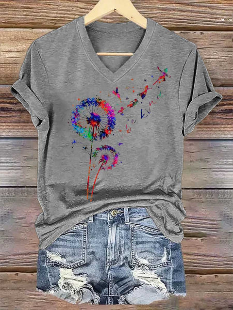 Women's Dandelion Be Kind V-neck Casual T-Shirt