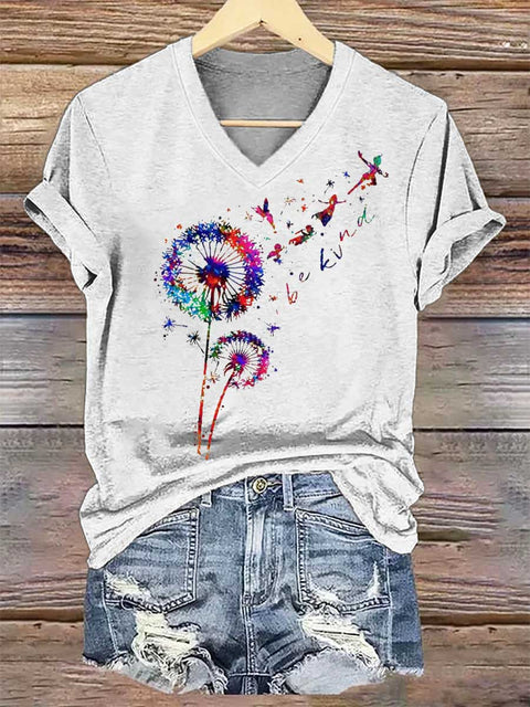 Women's Dandelion Be Kind V-neck Casual T-Shirt