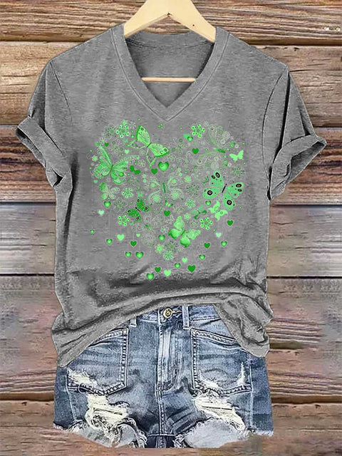 Women's Heart Butterfly Mental Health Awareness V-neck Casual T-Shirt