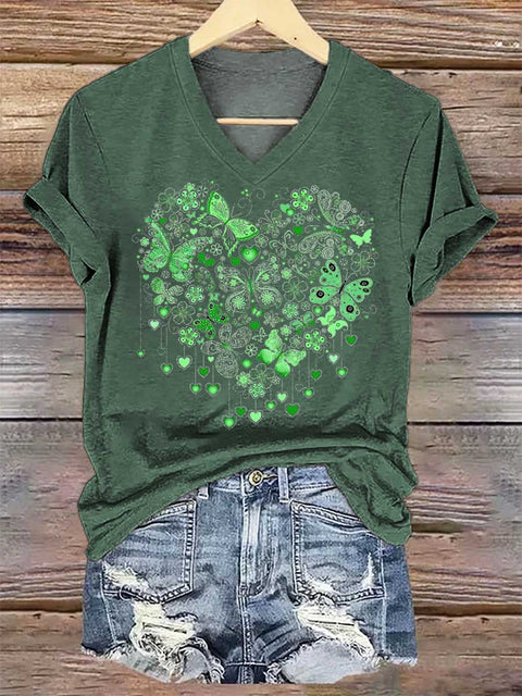 Women's Heart Butterfly Mental Health Awareness V-neck Casual T-Shirt