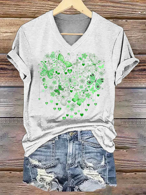 Women's Heart Butterfly Mental Health Awareness V-neck Casual T-Shirt