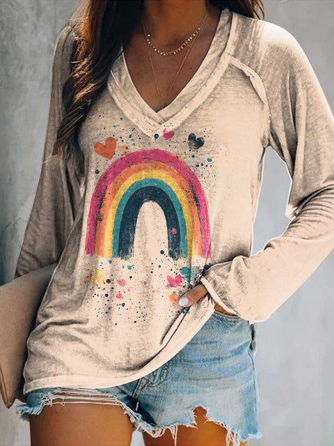Women's Rainbow Print Casual V Neck Long Sleeve Tops