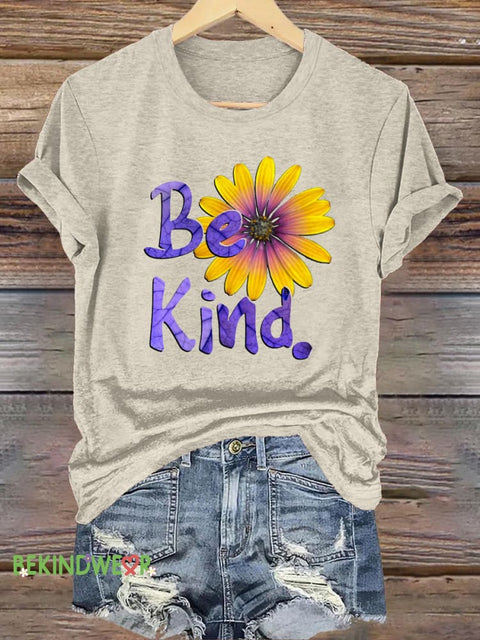 Be Kind Chrysanthemum Print Casual Round Neck Short Sleeve T-Shirt Beige / S
