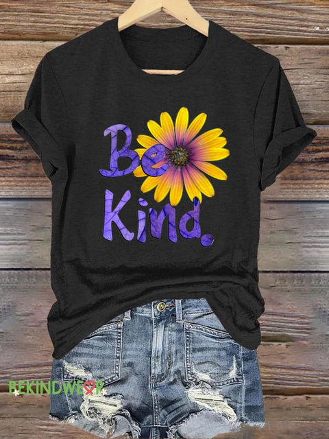 Be Kind Chrysanthemum Print Casual Round Neck Short Sleeve T-Shirt Black / S