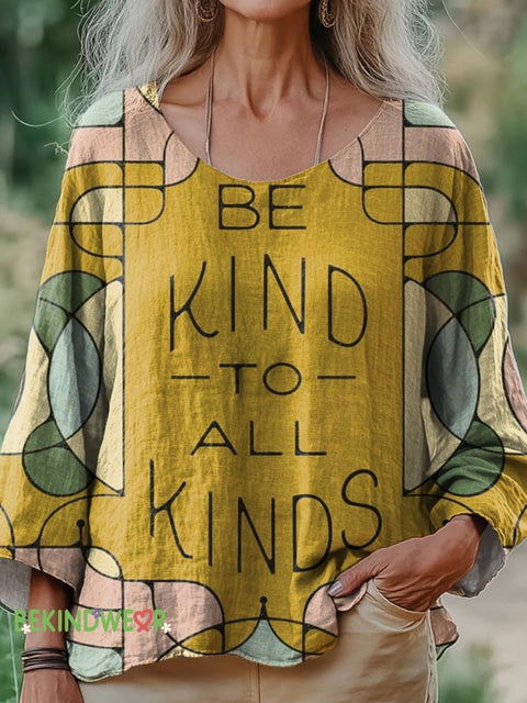 Be Kind To All Kinds Printed Casual Cotton and Linen Top Multicolor / S