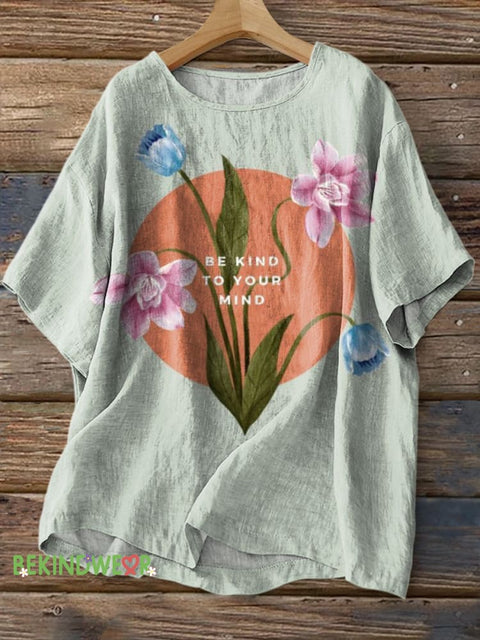 Be Kind To Your Mind Print Casual Cotton Linen Shirt Multicolor / S