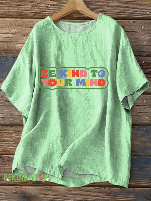 Be Kind To Your Mind Printed Casual Cotton Linen Shirt Multicolor / S