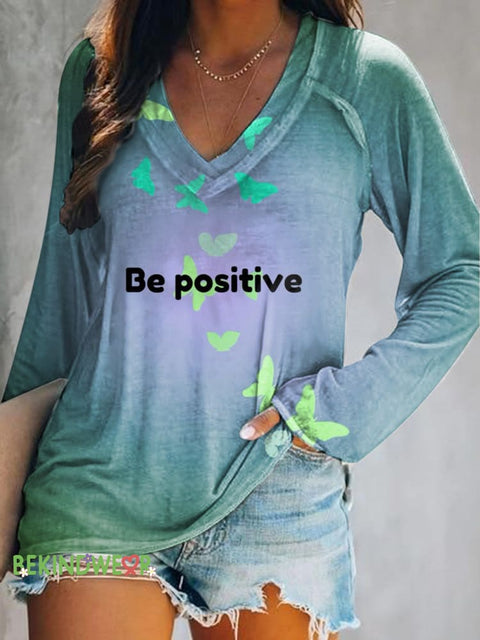 Be Positive Gradient Print Casual V-Neck Long Sleeve T-Shirt Multicolor / S