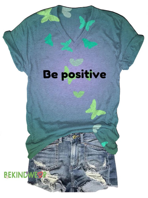 Be Positive Gradient Print Casual V-Neck Short Sleeve T-Shirt Multicolor / S