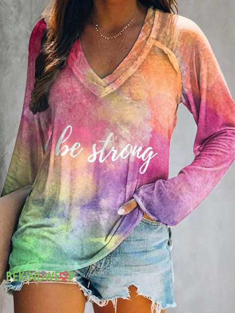 Be Strong Rainbow Print Casual V-Neck Long Sleeve T-Shirt Multicolor / S