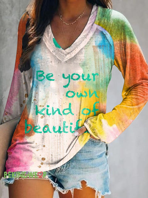 Be Your Own Kind Of Beautiful Printed Casual V-Neck Long Sleeve Top Multicolor / S