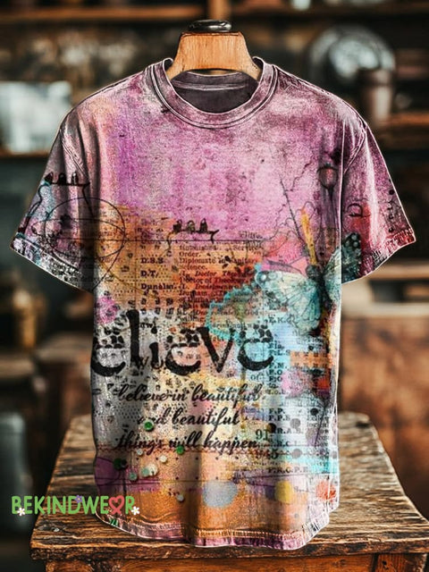 Believe Graffiti Retro Print Casual Round Neck Short Sleeve T-Shirt Multicolor / S