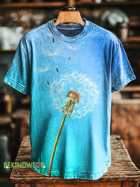 Blue Sky Dandelion Print Casual Round Neck Short Sleeve T-Shirt Multicolor / S