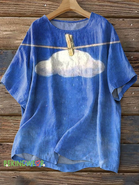 Blue Sky Drying White Cloud Spiritual Healing Printed Casual Cotton Linen Shirt Multicolor / S
