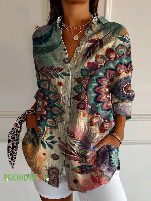Bohemian Floral Print Casual Cotton Linen Shirt Multicolor / S