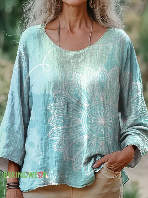 Bohemian Floral Print Casual Round Neck Cotton Linen Top Multicolor / S