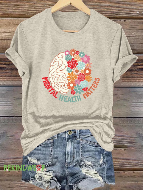 Brain Floral Mental Health Matters Printed Casual Round Neck Short Sleeve T-Shirt Beige / S