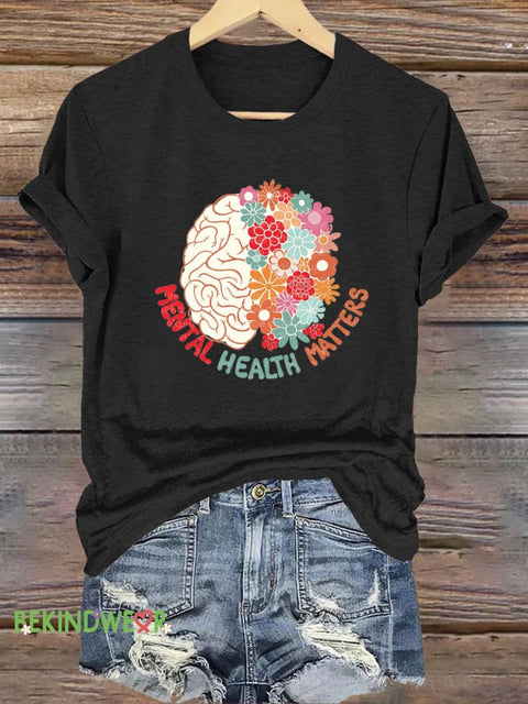 Brain Floral Mental Health Matters Printed Casual Round Neck Short Sleeve T-Shirt Black / S