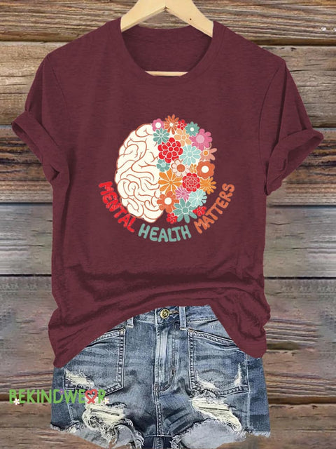 Brain Floral Mental Health Matters Printed Casual Round Neck Short Sleeve T-Shirt Brown / S