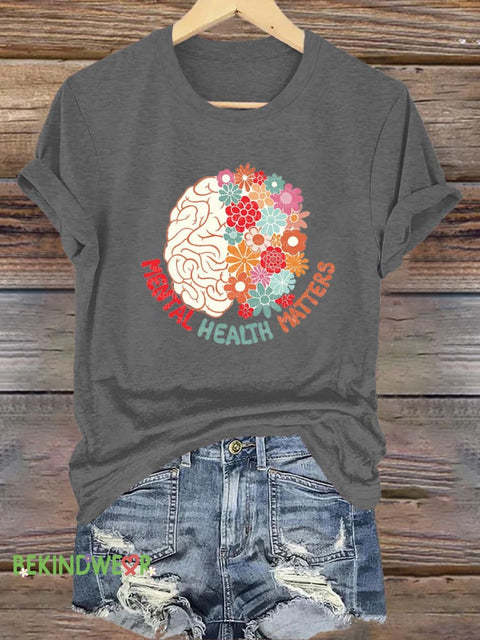 Brain Floral Mental Health Matters Printed Casual Round Neck Short Sleeve T-Shirt Grey / S
