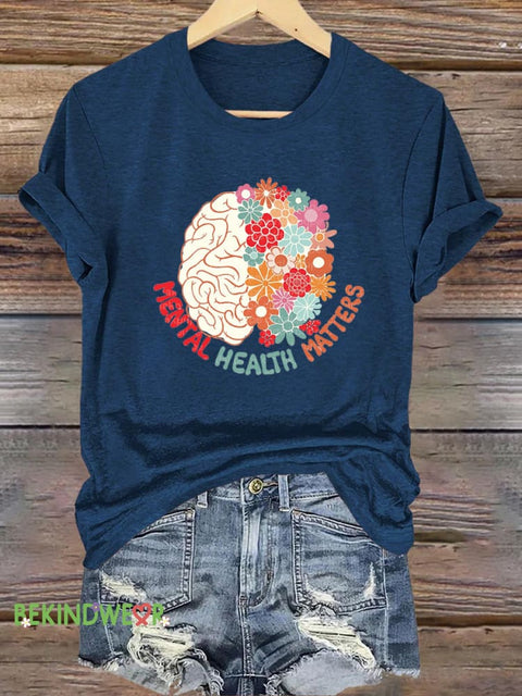 Brain Floral Mental Health Matters Printed Casual Round Neck Short Sleeve T-Shirt NavyBlue / S