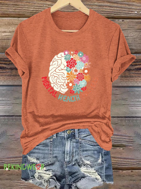 Brain Floral Mental Health Matters Printed Casual Round Neck Short Sleeve T-Shirt Orange / S