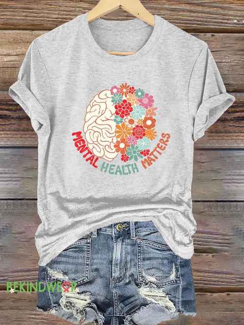 Brain Floral Mental Health Matters Printed Casual Round Neck Short Sleeve T-Shirt White / S