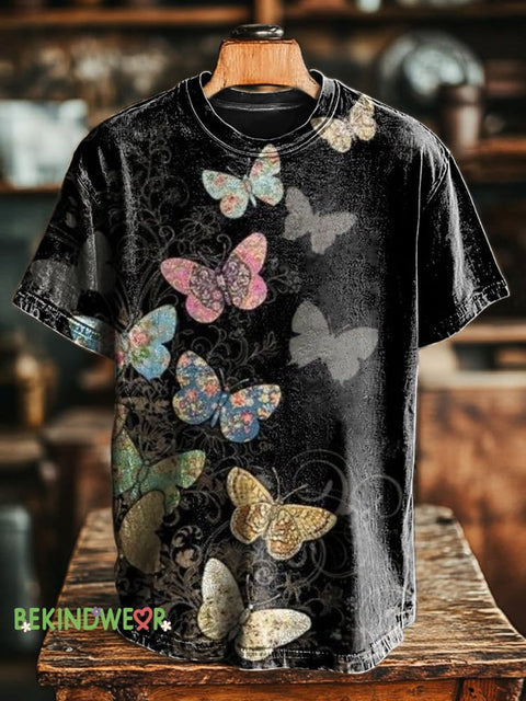 Butterfly Flutter Print Casual Round Neck Short Sleeve T-Shirt Multicolor / S