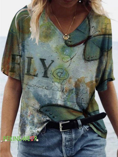 Butterfly Fly Print Casual V-neck Short Sleeve T-shirt Multicolor / S
