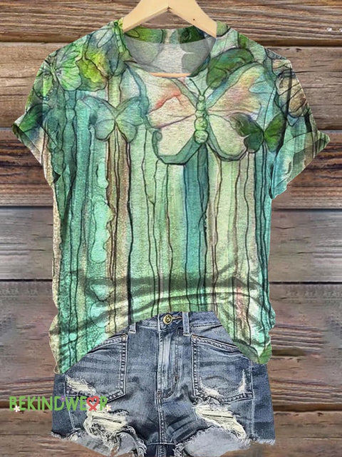 Butterfly Gradient Print Casual Round Neck Short Sleeve T-Shirt Multicolor / S