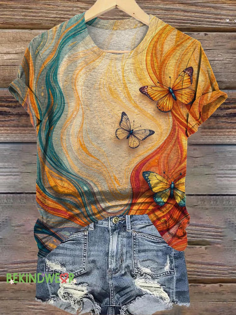 Butterfly Gradient Wave Print Casual Round Neck Short Sleeve T-Shirt Multicolor / S