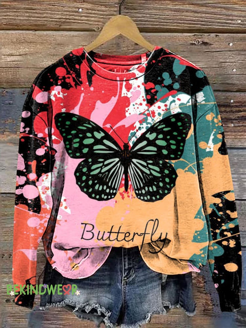 Butterfly Paint Dot Print Casual Crew Neck Sweatshirt Multicolor / S