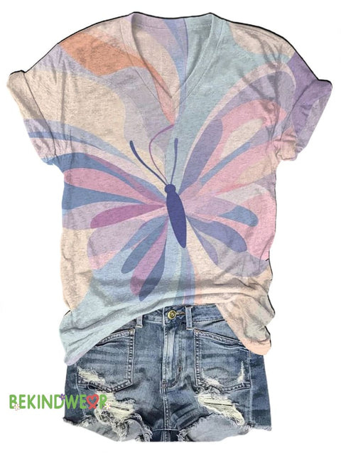 Butterfly Print Casual V-Neck Short Sleeve T-Shirt Multicolor / S