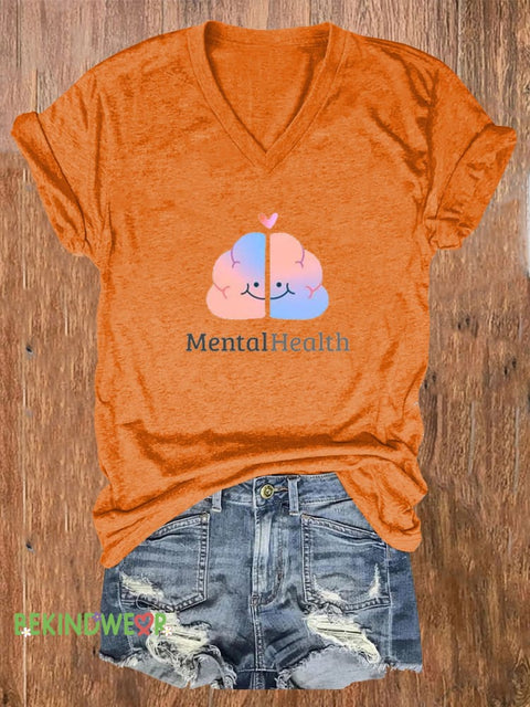 Cartoon Brain Mental Health Matters Printed Casual V-Neck Short Sleeve T-Shirt Orange / S