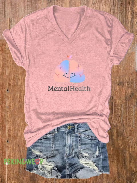 Cartoon Brain Mental Health Matters Printed Casual V-Neck Short Sleeve T-Shirt Pink / S