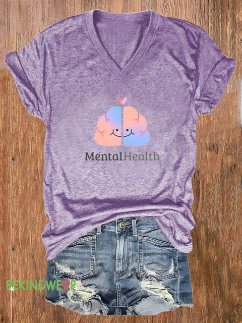 Cartoon Brain Mental Health Matters Printed Casual V-Neck Short Sleeve T-Shirt Purple / S