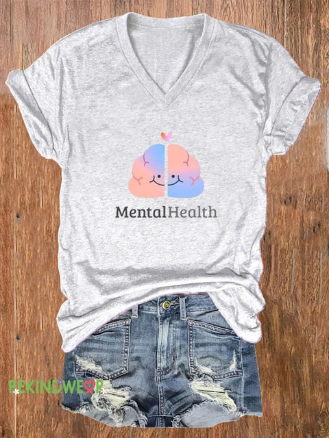 Cartoon Brain Mental Health Matters Printed Casual V-Neck Short Sleeve T-Shirt White / S