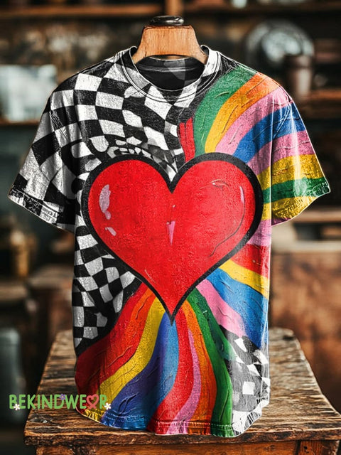 Checkerboard Love Rainbow Print Casual Round Neck Short Sleeve T-Shirt Multicolor / S