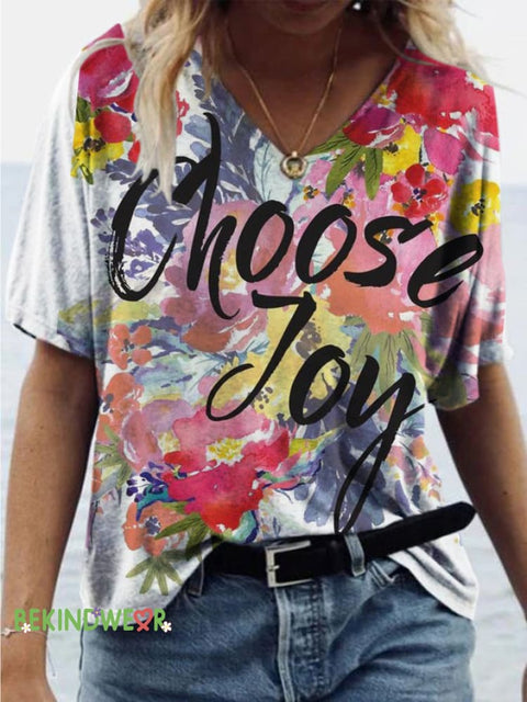 Choose Joy Floral Print Casual V-Neck Short Sleeve T-Shirt Multicolor / S