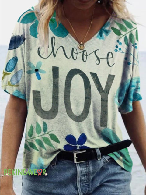 Choose Joy Leaf Print Casual V-Neck Short Sleeve T-Shirt Multicolor / S