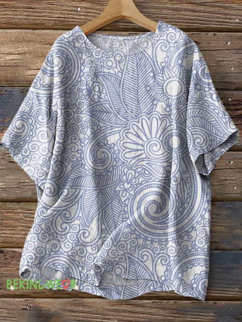 Classical Bohemian Floral Print Casual Cotton Linen Shirt Multicolor / S