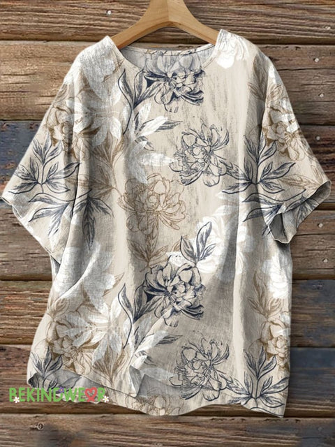 Classical Elegant Floral Print Casual Cotton Linen Shirt Multicolor / S