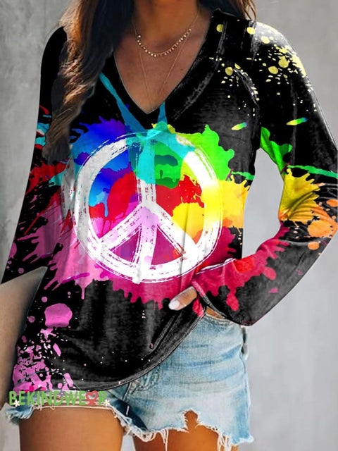 Colorful Gradient Airbrush Peace Print Casual V-Neck Long Sleeve Top Multicolor / S