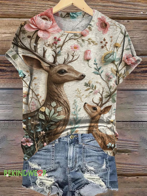 Cute Reindeer Print Casual Round Neck Short Sleeve T-Shirt Multicolor / S
