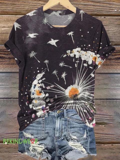 Dandelion and Peace Dove Print Casual Round Neck Short Sleeve T-Shirt Multicolor / S