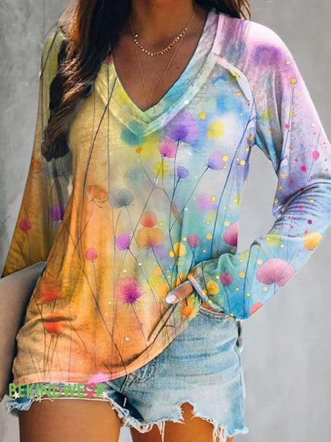 Dandelion Gradient Print Casual V-Neck Long Sleeve T-Shirt Multicolor / S