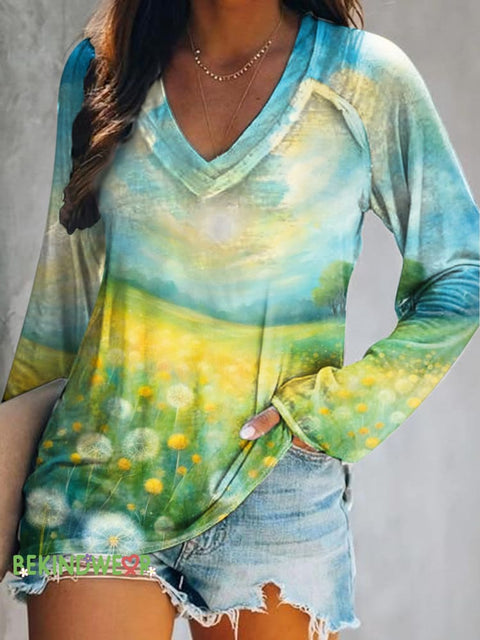Dandelion Nature Scene Print Casual V-Neck Long Sleeve Top Multicolor / S
