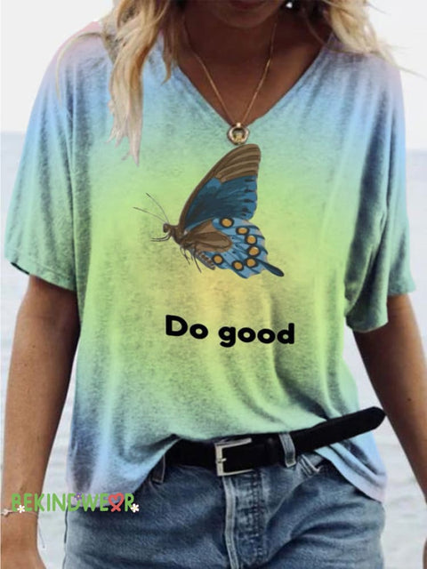 Do Good Butterfly Gradient Print Casual V-Neck Short Sleeve T-Shirt Multicolor / S