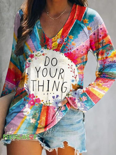 Do Your Thing Printed Casual V-Neck Long Sleeve Top Multicolor / S