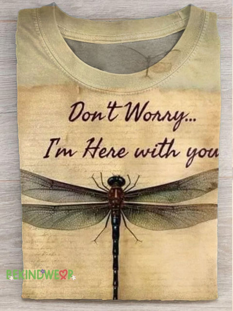 Don’t Worry I’m Here With You Dragonfly Print Casual Crew Neck Short Sleeve T-Shirt Multicolor / S